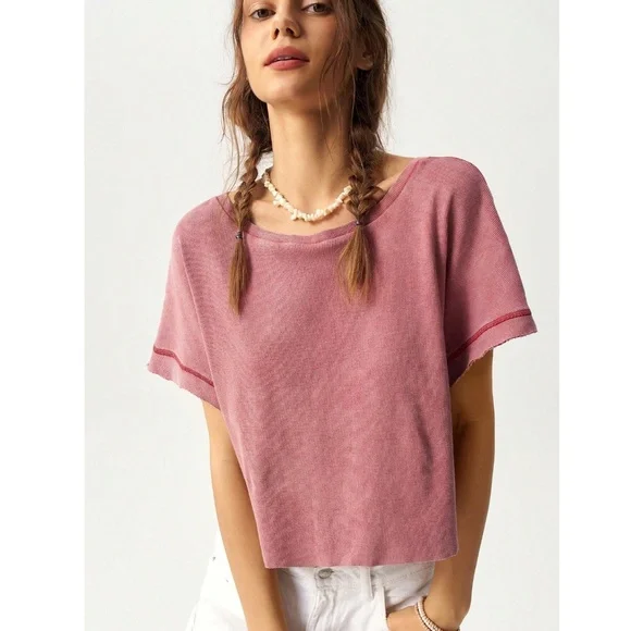 Redwood Cotton Oversized Cropped Muscle Tee Shirt Raw Hem and Inside Out Stitch - Picture 6 of 12